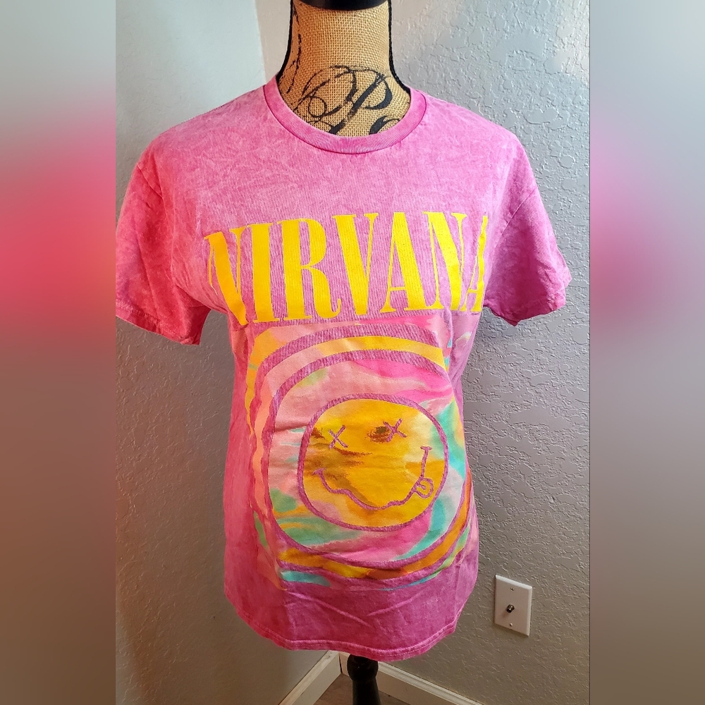 NIRVANA Pink Graphic Tee with Yellow Logo